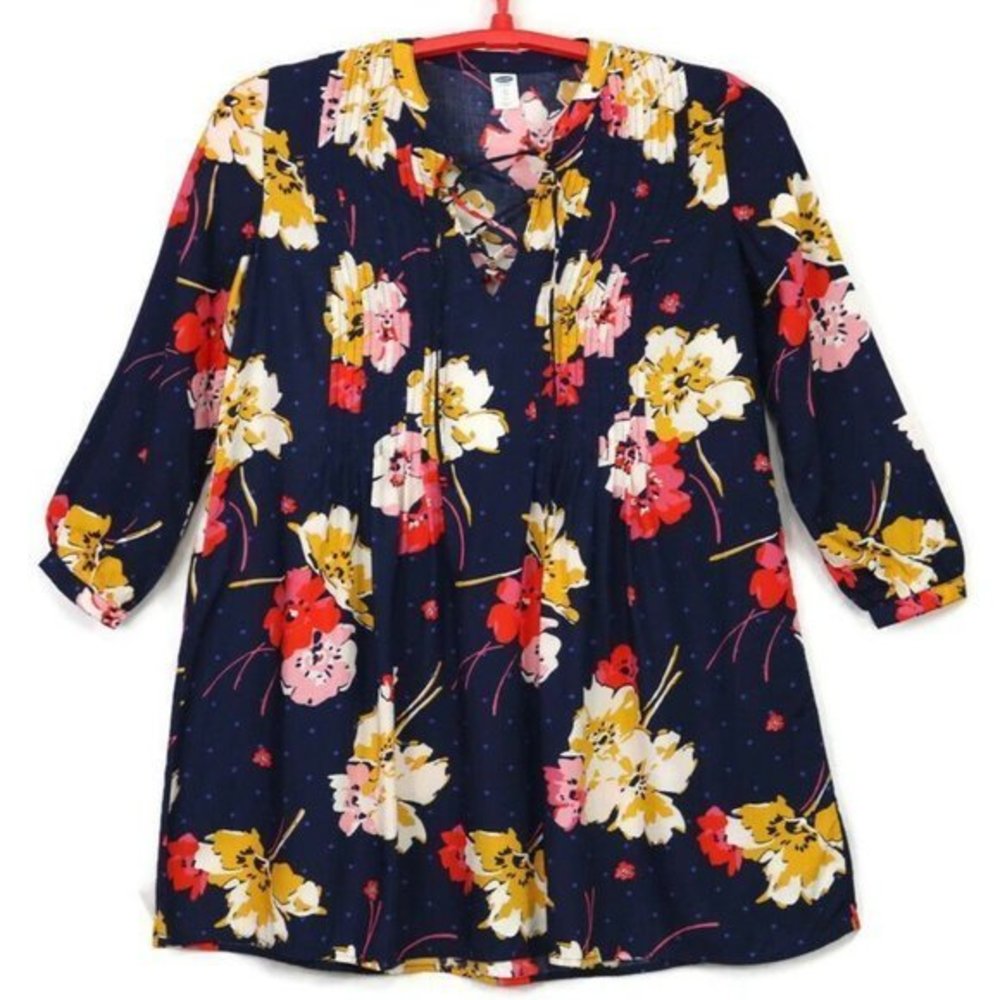 Old Navy Dress Blue Pink Yellow Floral Long Sleeve Petite XS